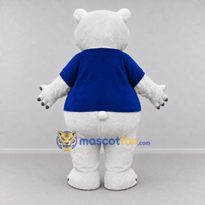 Custom White and Blue Polar Bear in T-Shirt Mascot Costume Adult Full Body Suit for Winter Events Custom White and Blue Polar Bear in T-Shirt Mascot Costume Adult Full Body Suit for Winter Events