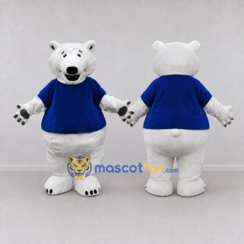 Custom White and Blue Polar Bear in T-Shirt Mascot Costume Adult Full Body Suit for Winter Events