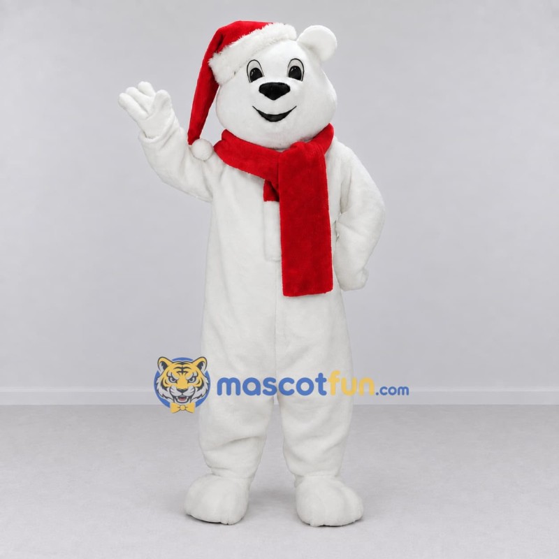 Custom White and Red Christmas Polar Bear Mascot Costume Adult Full Body Suit for Holiday Events Custom White and Red Christmas Polar Bear Mascot Costume Adult Full Body Suit for Holiday Events