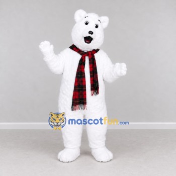 Custom White and Red Polar Bear with Plaid Scarf Mascot Costume Adult Full Body Suit for Winter Events Custom White and Red Polar Bear with Plaid Scarf Mascot Costume Adult Full Body Suit for Winter Events