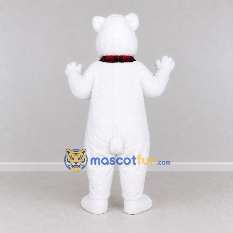 Custom White and Red Polar Bear with Plaid Scarf Mascot Costume Adult Full Body Suit for Winter Events Custom White and Red Polar Bear with Plaid Scarf Mascot Costume Adult Full Body Suit for Winter Events