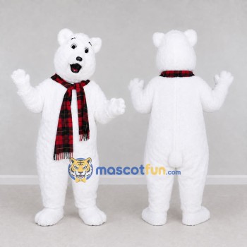 Custom White and Red Polar Bear with Plaid Scarf Mascot Costume Adult Full Body Suit for Winter Events