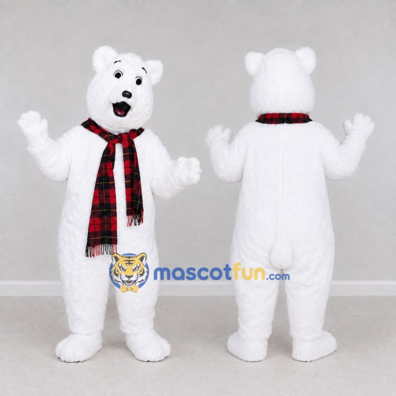 Custom White and Red Polar Bear with Plaid Scarf Mascot Costume Adult Full Body Suit for Winter Events Custom White and Red Polar Bear with Plaid Scarf Mascot Costume Adult Full Body Suit for Winter Events
