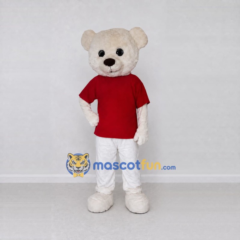 Custom White and Red Teddy Bear in T-Shirt Mascot Costume Adult Full Body Suit for Children's Events Custom White and Red Teddy Bear in T-Shirt Mascot Costume Adult Full Body Suit for Children's Events