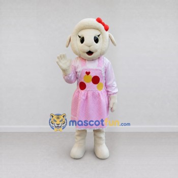 Custom Cream and Pink Lamb in Dress Mascot Costume Adult Full Body Suit for Farm Events Custom Cream and Pink Lamb in Dress Mascot Costume Adult Full Body Suit for Farm Events