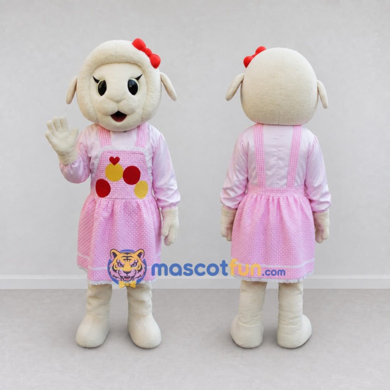 Custom Cream and Pink Lamb in Dress Mascot Costume Adult Full Body Suit for Farm Events