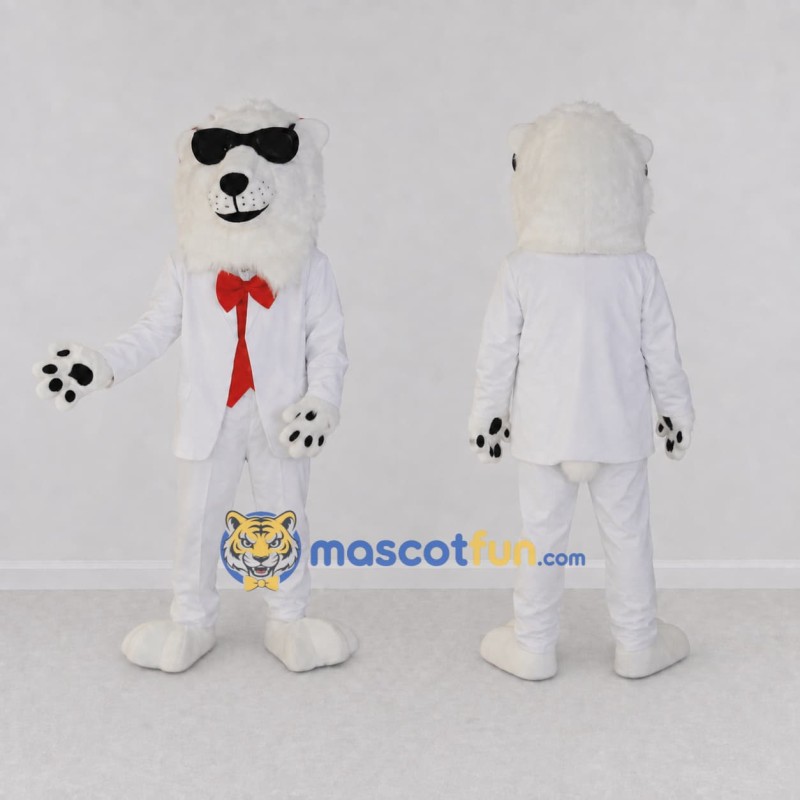 Custom White and Red Polar Bear in Suit Mascot Costume Adult Full Body Suit for Party Events Custom White and Red Polar Bear in Suit Mascot Costume Adult Full Body Suit for Party Events