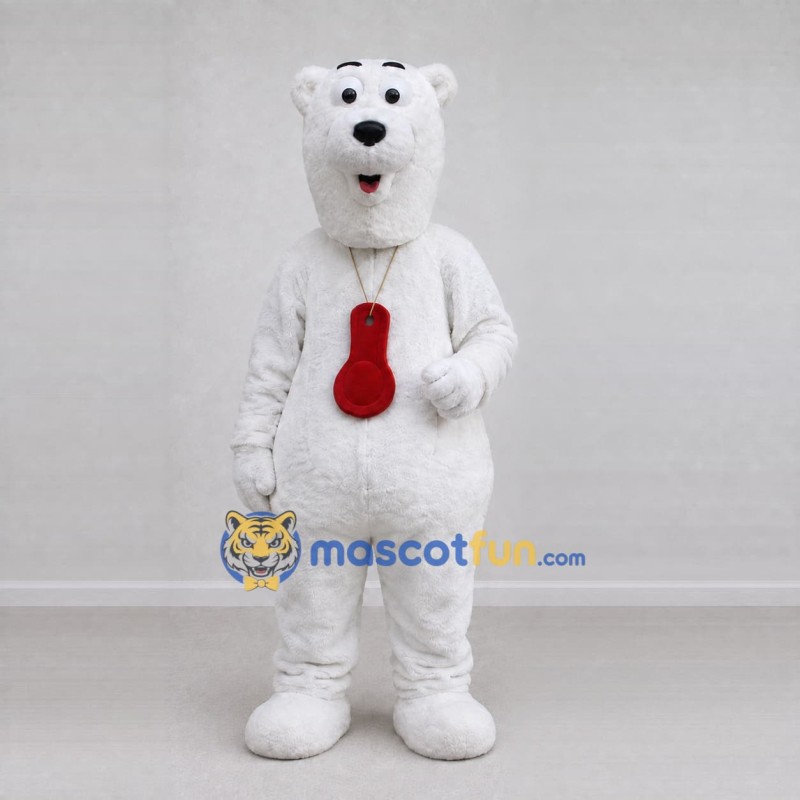 Custom White and Red Polar Bear with Pendant Mascot Costume Adult Full Body Suit for Winter Events Custom White and Red Polar Bear with Pendant Mascot Costume Adult Full Body Suit for Winter Events