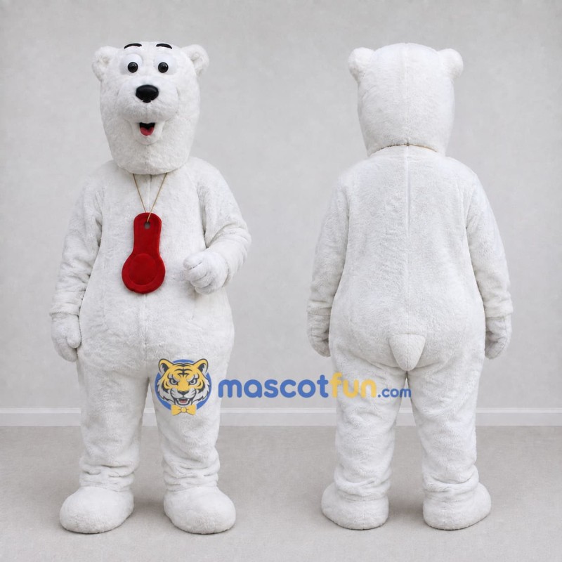 Custom White and Red Polar Bear with Pendant Mascot Costume Adult Full Body Suit for Winter Events Custom White and Red Polar Bear with Pendant Mascot Costume Adult Full Body Suit for Winter Events