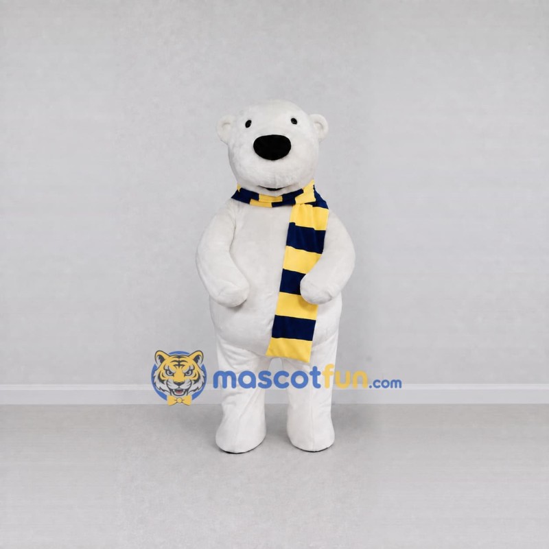 Custom White Blue and Yellow Polar Bear with Scarf Mascot Costume Adult Full Body Suit for Winter Events Custom White Blue and Yellow Polar Bear with Scarf Mascot Costume Adult Full Body Suit for Winter Events