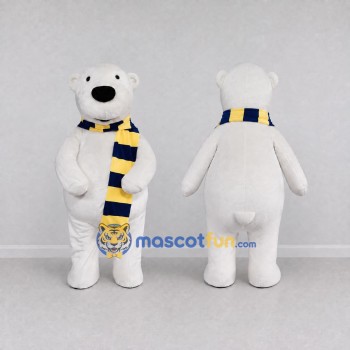 Custom White Blue and Yellow Polar Bear with Scarf Mascot Costume Adult Full Body Suit for Winter Events