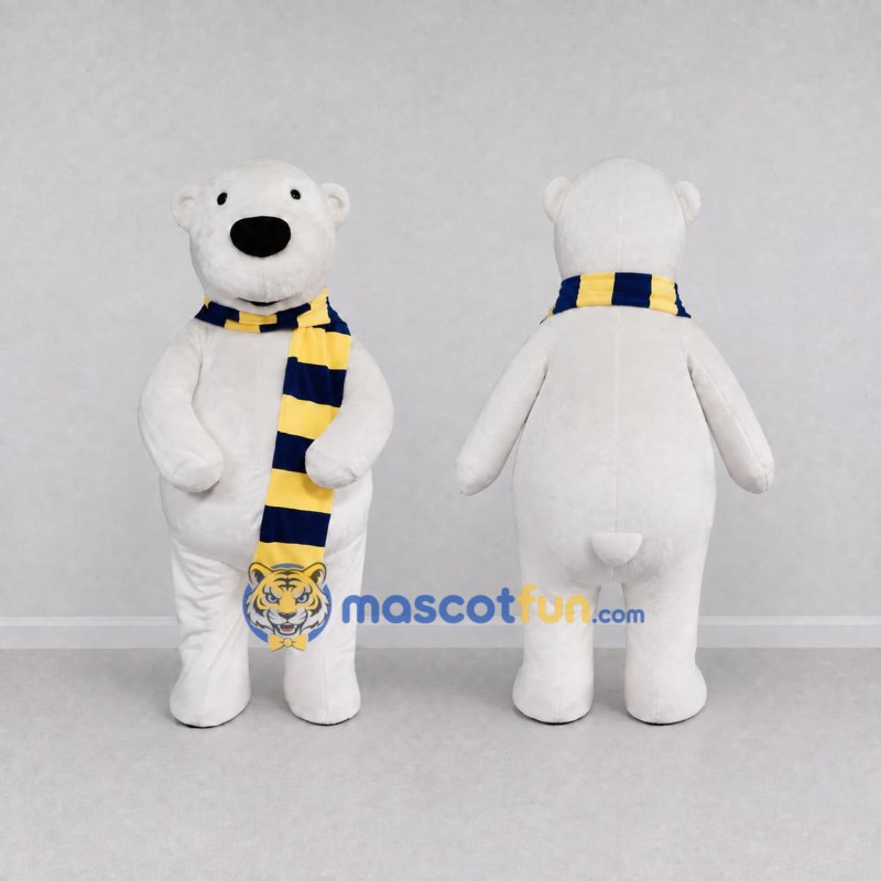 Custom White Blue and Yellow Polar Bear with Scarf Mascot Costume Adult Full Body Suit for Winter Events Custom White Blue and Yellow Polar Bear with Scarf Mascot Costume Adult Full Body Suit for Winter Events