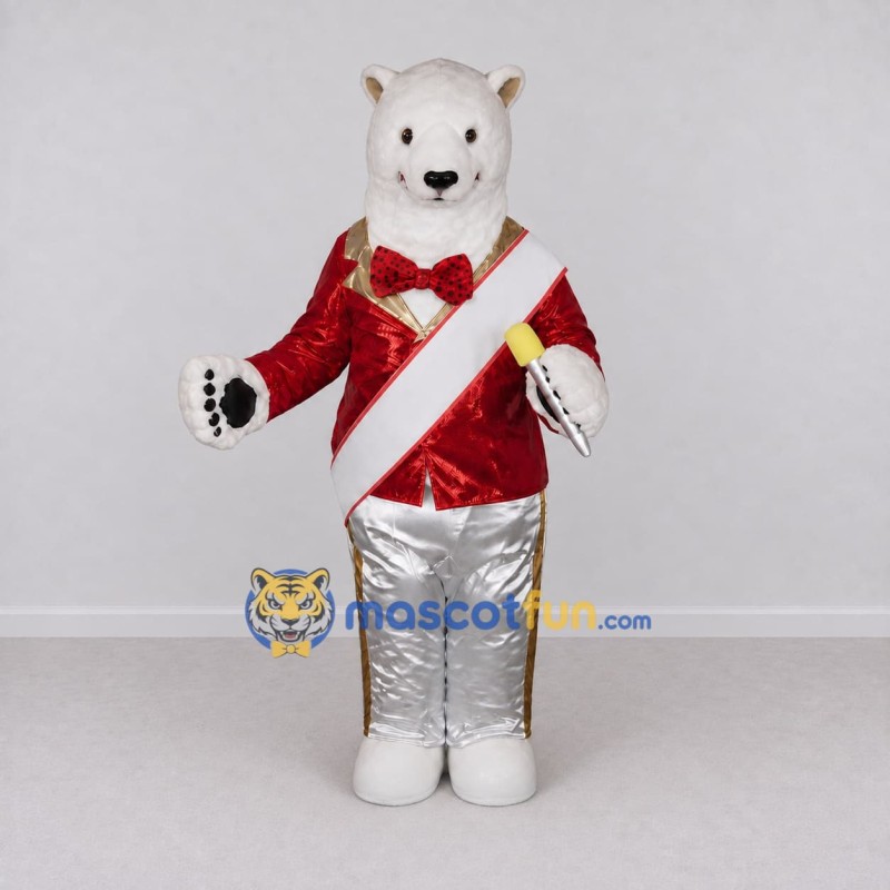 Custom White Red and Silver Marching Band Polar Bear Mascot Costume Adult Full Body Suit for Parade Events Custom White Red and Silver Marching Band Polar Bear Mascot Costume Adult Full Body Suit for Parade Events