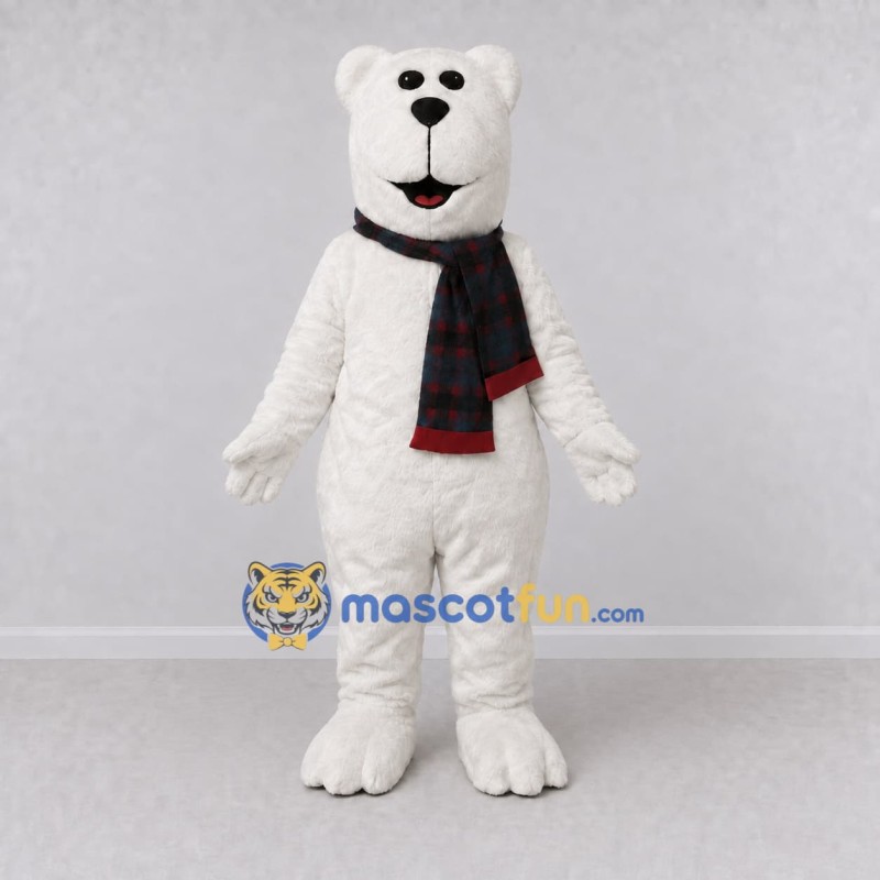 Custom White and Black Polar Bear with Scarf Mascot Costume Adult Full Body Suit for Winter Events Custom White and Black Polar Bear with Scarf Mascot Costume Adult Full Body Suit for Winter Events