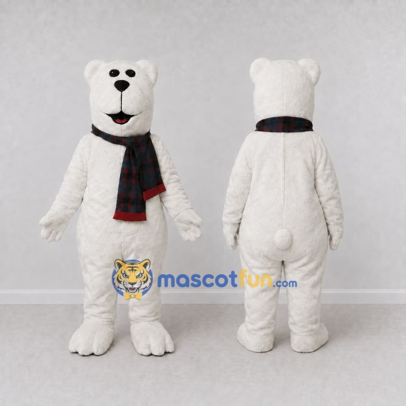 Custom White and Black Polar Bear with Scarf Mascot Costume Adult Full Body Suit for Winter Events Custom White and Black Polar Bear with Scarf Mascot Costume Adult Full Body Suit for Winter Events