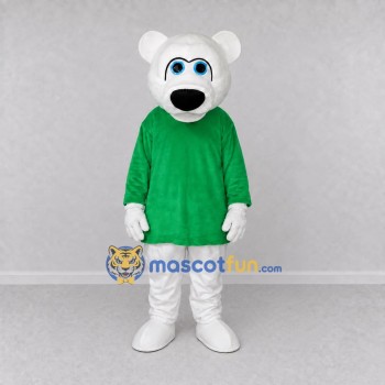 Custom White and Green Polar Bear in T-Shirt Mascot Costume Adult Full Body Suit for School Events