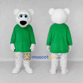 Custom White and Green Polar Bear in T-Shirt Mascot Costume Adult Full Body Suit for School Events