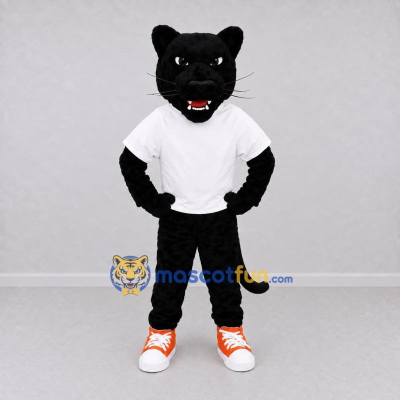 Custom Black and White Panther in T-Shirt Mascot Costume Adult Full Body Suit for Sports Events Custom Black and White Panther in T-Shirt Mascot Costume Adult Full Body Suit for Sports Events