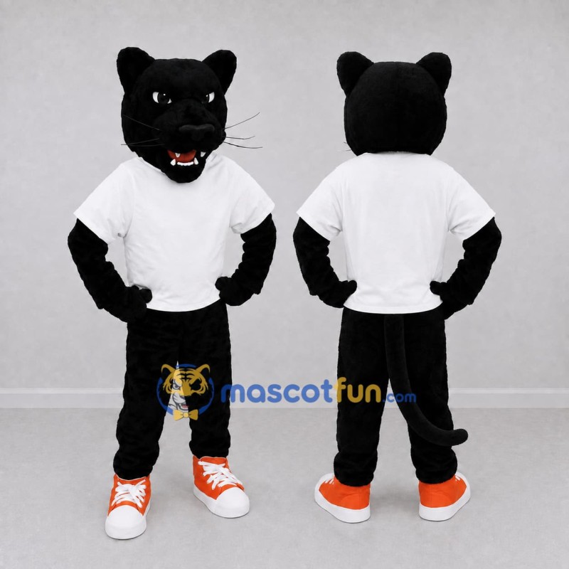 Custom Black and White Panther in T-Shirt Mascot Costume Adult Full Body Suit for Sports Events Custom Black and White Panther in T-Shirt Mascot Costume Adult Full Body Suit for Sports Events