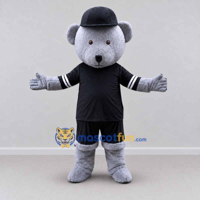 Custom Gray and Black Bear in Sportswear Mascot Costume Adult Full Body Suit for Sports Events Custom Gray and Black Bear in Sportswear Mascot Costume Adult Full Body Suit for Sports Events