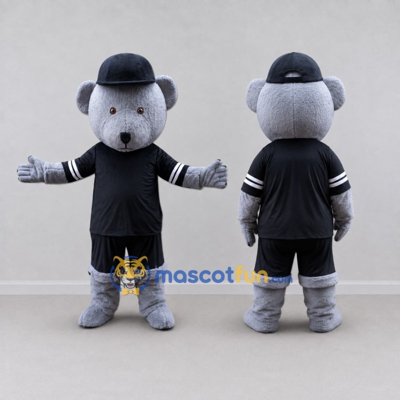 Custom Gray and Black Bear in Sportswear Mascot Costume Adult Full Body Suit for Sports Events Custom Gray and Black Bear in Sportswear Mascot Costume Adult Full Body Suit for Sports Events