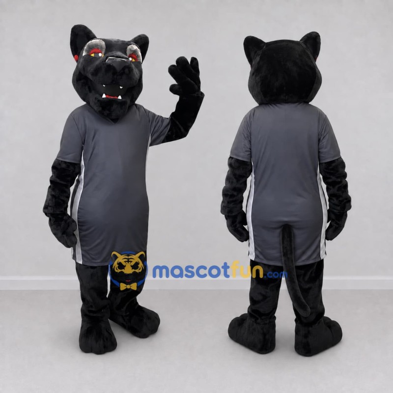 Custom Black and Gray Panther in T-Shirt Mascot Costume Adult Full Body Suit for Sports Events Custom Black and Gray Panther in T-Shirt Mascot Costume Adult Full Body Suit for Sports Events
