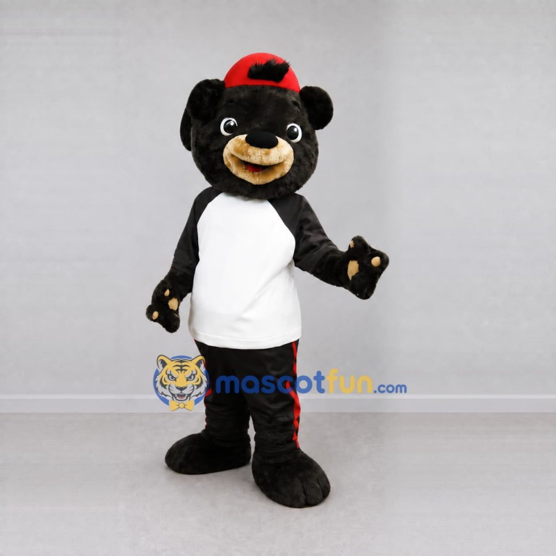 Custom Black White and Red Bear in Sportswear Mascot Costume Adult Full Body Suit for Sports Events Custom Black White and Red Bear in Sportswear Mascot Costume Adult Full Body Suit for Sports Events