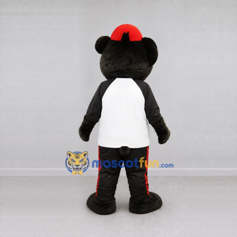 Custom Black White and Red Bear in Sportswear Mascot Costume Adult Full Body Suit for Sports Events Custom Black White and Red Bear in Sportswear Mascot Costume Adult Full Body Suit for Sports Events
