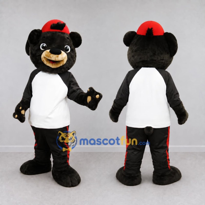 Custom Black White and Red Bear in Sportswear Mascot Costume Adult Full Body Suit for Sports Events Custom Black White and Red Bear in Sportswear Mascot Costume Adult Full Body Suit for Sports Events