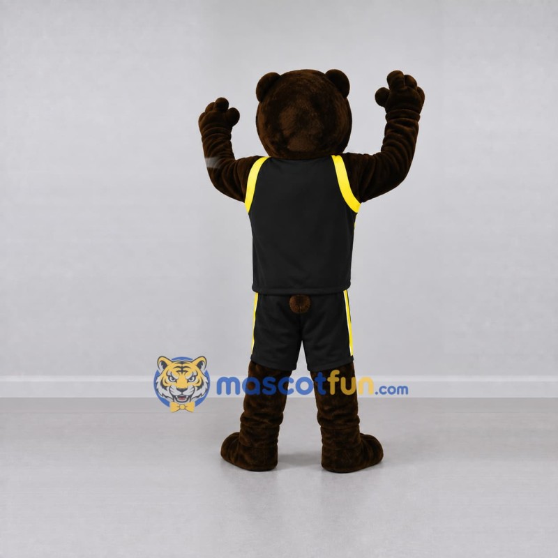 Custom Brown Black and Yellow Bear in Sportswear Mascot Costume Adult Full Body Suit for Sports Events Custom Brown Black and Yellow Bear in Sportswear Mascot Costume Adult Full Body Suit for Sports Events