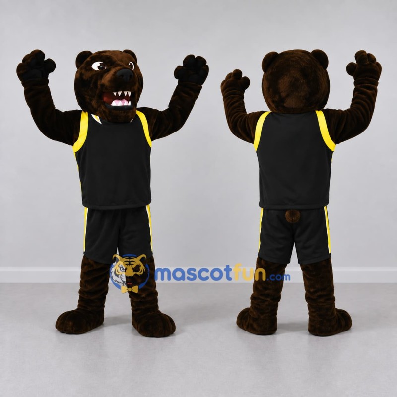 Custom Brown Black and Yellow Bear in Sportswear Mascot Costume Adult Full Body Suit for Sports Events Custom Brown Black and Yellow Bear in Sportswear Mascot Costume Adult Full Body Suit for Sports Events