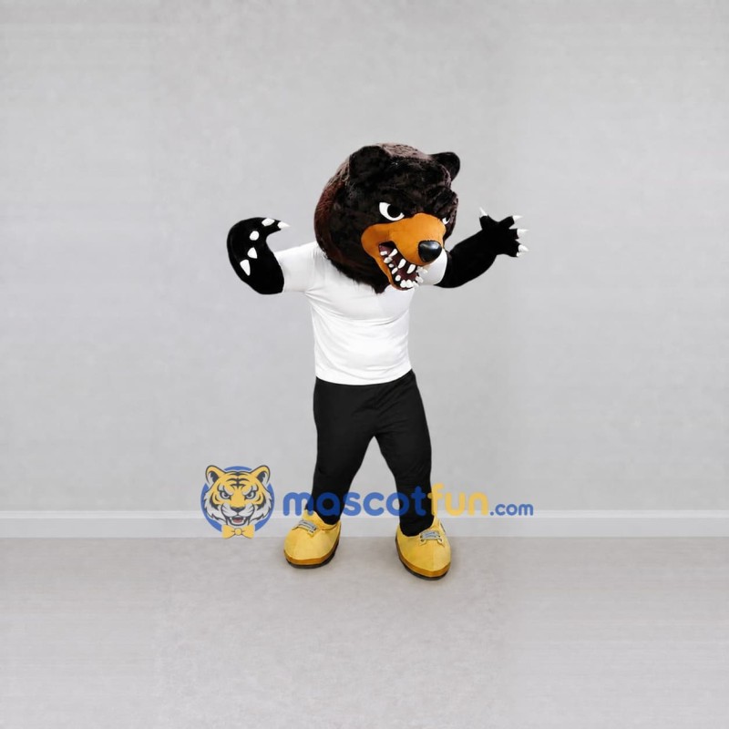 Custom Black White and Yellow Bear in T-Shirt Mascot Costume Adult Full Body Suit for Sports Events Custom Black White and Yellow Bear in T-Shirt Mascot Costume Adult Full Body Suit for Sports Events