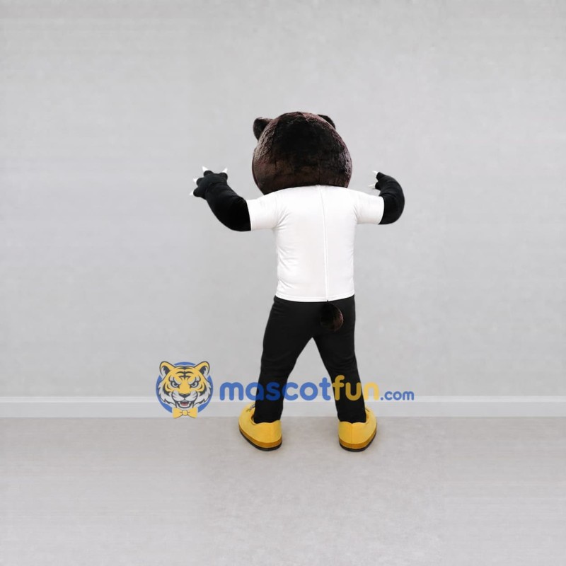 Custom Black White and Yellow Bear in T-Shirt Mascot Costume Adult Full Body Suit for Sports Events Custom Black White and Yellow Bear in T-Shirt Mascot Costume Adult Full Body Suit for Sports Events