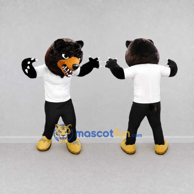 Custom Black White and Yellow Bear in T-Shirt Mascot Costume Adult Full Body Suit for Sports Events Custom Black White and Yellow Bear in T-Shirt Mascot Costume Adult Full Body Suit for Sports Events