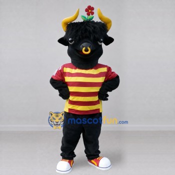 Custom Black Red and Yellow Bull in Striped Shirt Mascot Costume Adult Full Body Suit for Parade Events
