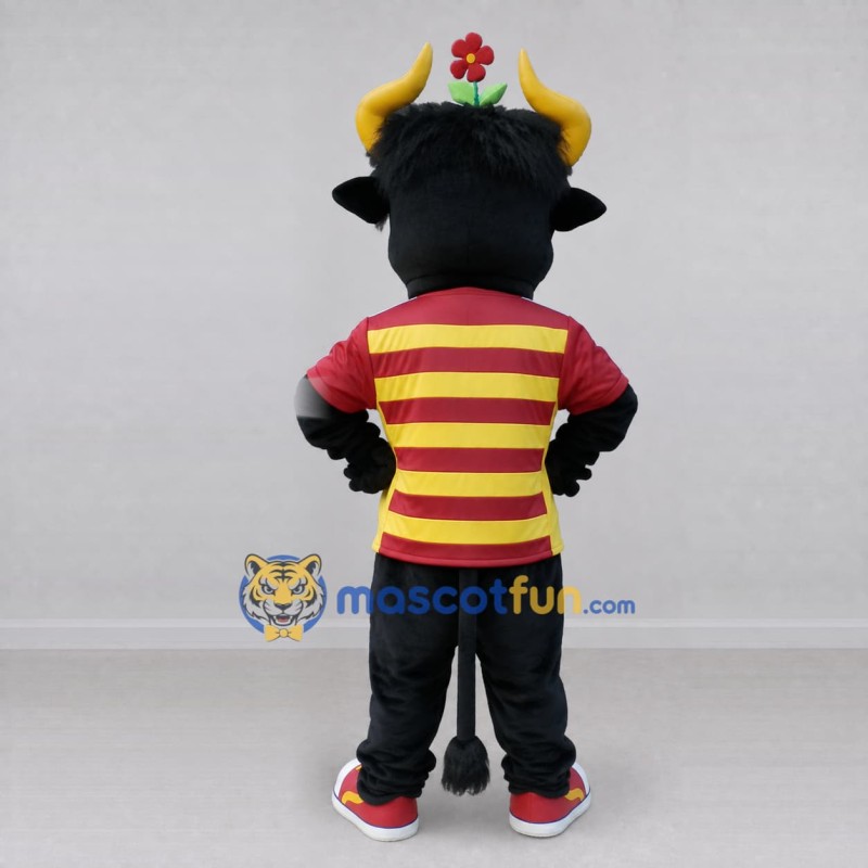Custom Black Red and Yellow Bull in Striped Shirt Mascot Costume Adult Full Body Suit for Parade Events Custom Black Red and Yellow Bull in Striped Shirt Mascot Costume Adult Full Body Suit for Parade Events