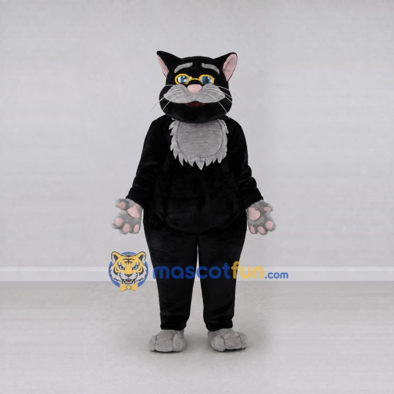 Custom Black and Gray Cat with Glasses Mascot Costume Adult Full Body Suit for School Events