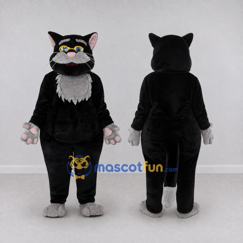 Custom Black and Gray Cat with Glasses Mascot Costume Adult Full Body Suit for School Events