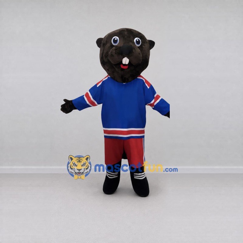 Custom Brown Blue and Red Beaver in Sportswear Mascot Costume Adult Full Body Suit for Sports Events Custom Brown Blue and Red Beaver in Sportswear Mascot Costume Adult Full Body Suit for Sports Events