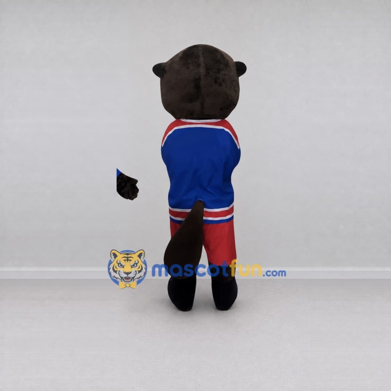 Custom Brown Blue and Red Beaver in Sportswear Mascot Costume Adult Full Body Suit for Sports Events Custom Brown Blue and Red Beaver in Sportswear Mascot Costume Adult Full Body Suit for Sports Events
