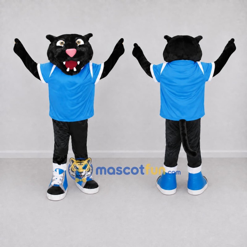 Custom Black and Blue Panther in Sportswear Mascot Costume Adult Full Body Suit for Sports Events Custom Black and Blue Panther in Sportswear Mascot Costume Adult Full Body Suit for Sports Events