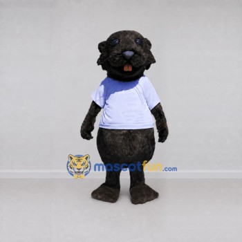 Custom Dark Brown and White Beaver in T-Shirt Mascot Costume Adult Full Body Suit for School Events Custom Dark Brown and White Beaver in T-Shirt Mascot Costume Adult Full Body Suit for School Events