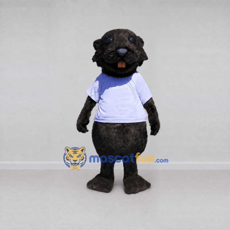 Custom Dark Brown and White Beaver in T-Shirt Mascot Costume Adult Full Body Suit for School Events