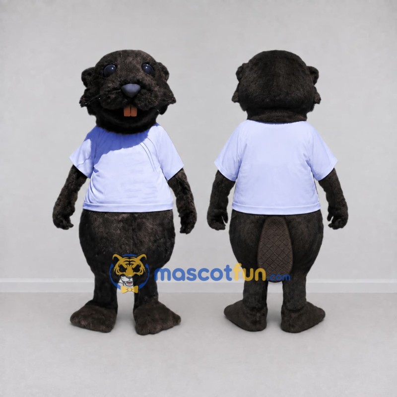 Custom Dark Brown and White Beaver in T-Shirt Mascot Costume Adult Full Body Suit for School Events
