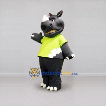 Custom Gray and Lime Green Rhinoceros in T-Shirt Mascot Costume Adult Full Body Suit for Wildlife Events Custom Gray and Lime Green Rhinoceros in T-Shirt Mascot Costume Adult Full Body Suit for Wildlife Events