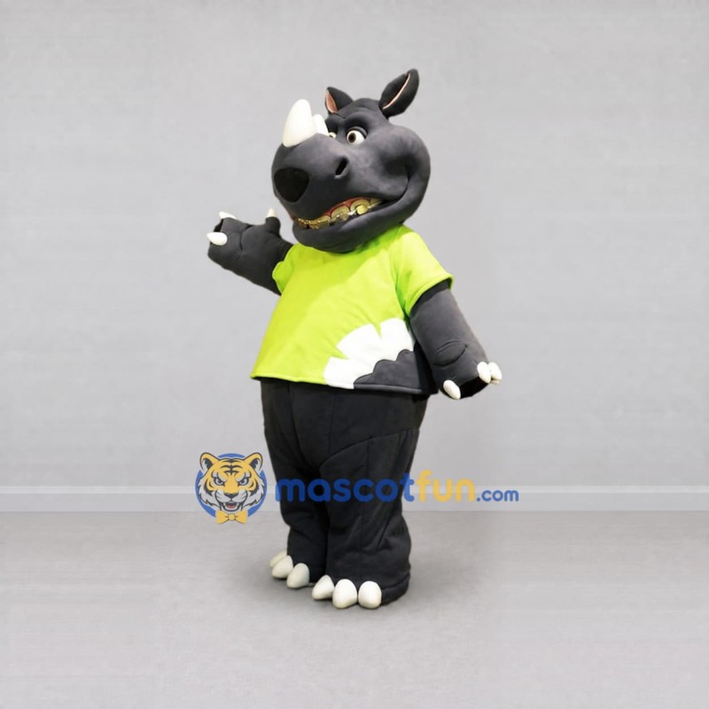 Custom Gray and Lime Green Rhinoceros in T-Shirt Mascot Costume Adult Full Body Suit for Wildlife Events Custom Gray and Lime Green Rhinoceros in T-Shirt Mascot Costume Adult Full Body Suit for Wildlife Events