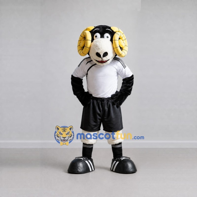 Custom Black White and Yellow Ram in Sportswear Mascot Costume Adult Full Body Suit for Sports Events Custom Black White and Yellow Ram in Sportswear Mascot Costume Adult Full Body Suit for Sports Events