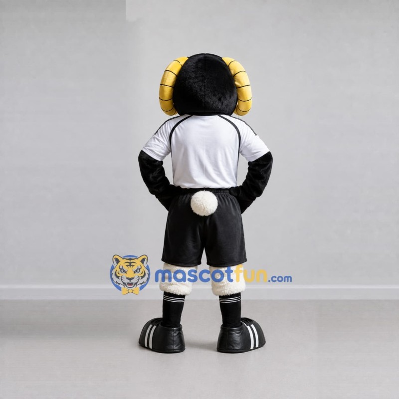 Custom Black White and Yellow Ram in Sportswear Mascot Costume Adult Full Body Suit for Sports Events Custom Black White and Yellow Ram in Sportswear Mascot Costume Adult Full Body Suit for Sports Events