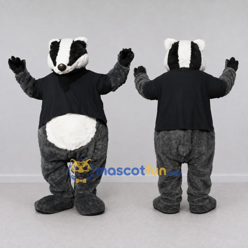 Custom Gray Black and White Badger in T-Shirt Mascot Costume Adult Full Body Suit for Woodland Events Custom Gray Black and White Badger in T-Shirt Mascot Costume Adult Full Body Suit for Woodland Events