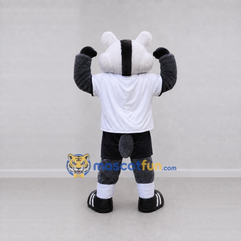 Custom Gray Black and White Badger in Sportswear Mascot Costume Adult Full Body Suit for Sports Events Custom Gray Black and White Badger in Sportswear Mascot Costume Adult Full Body Suit for Sports Events